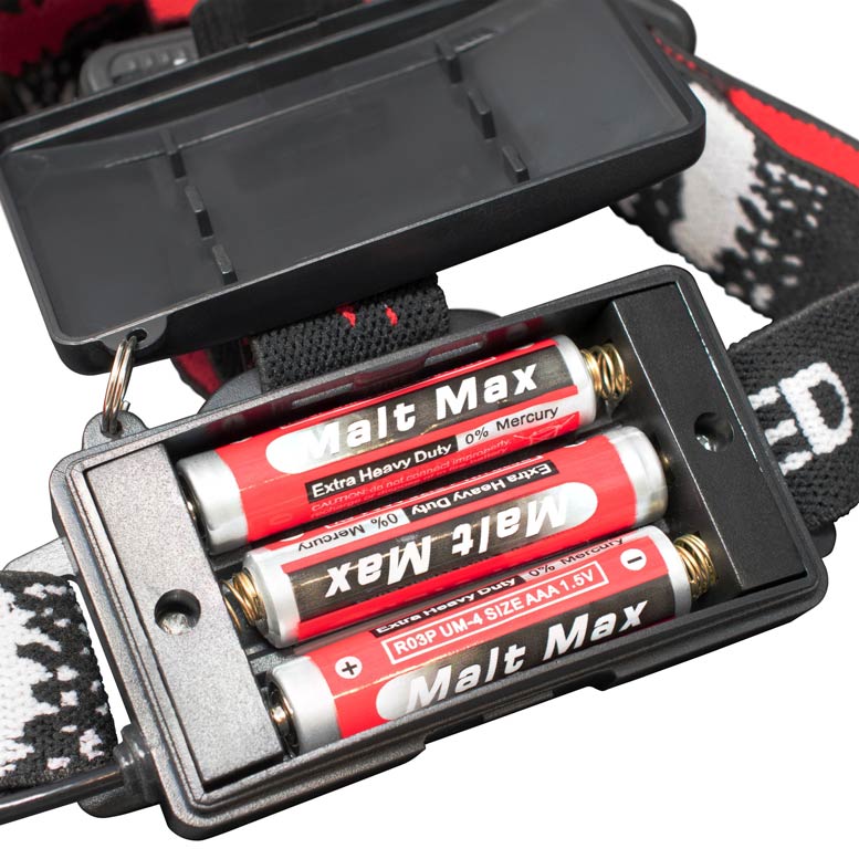3 Triple A batteries in the headlamp