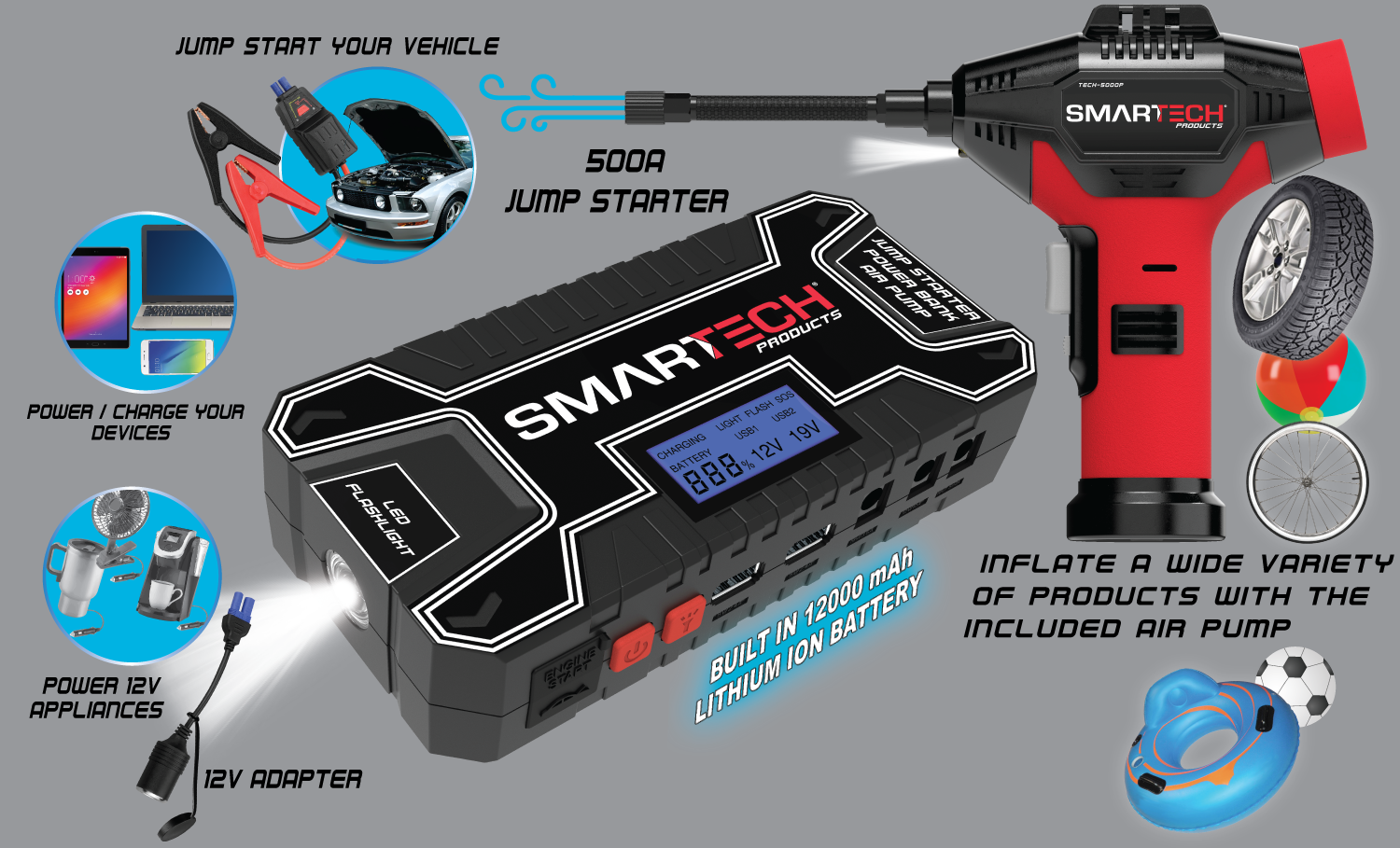 Smartech Power Kit  12000mAh Jump Starter  Power Bank Battery Charger Air Pump 